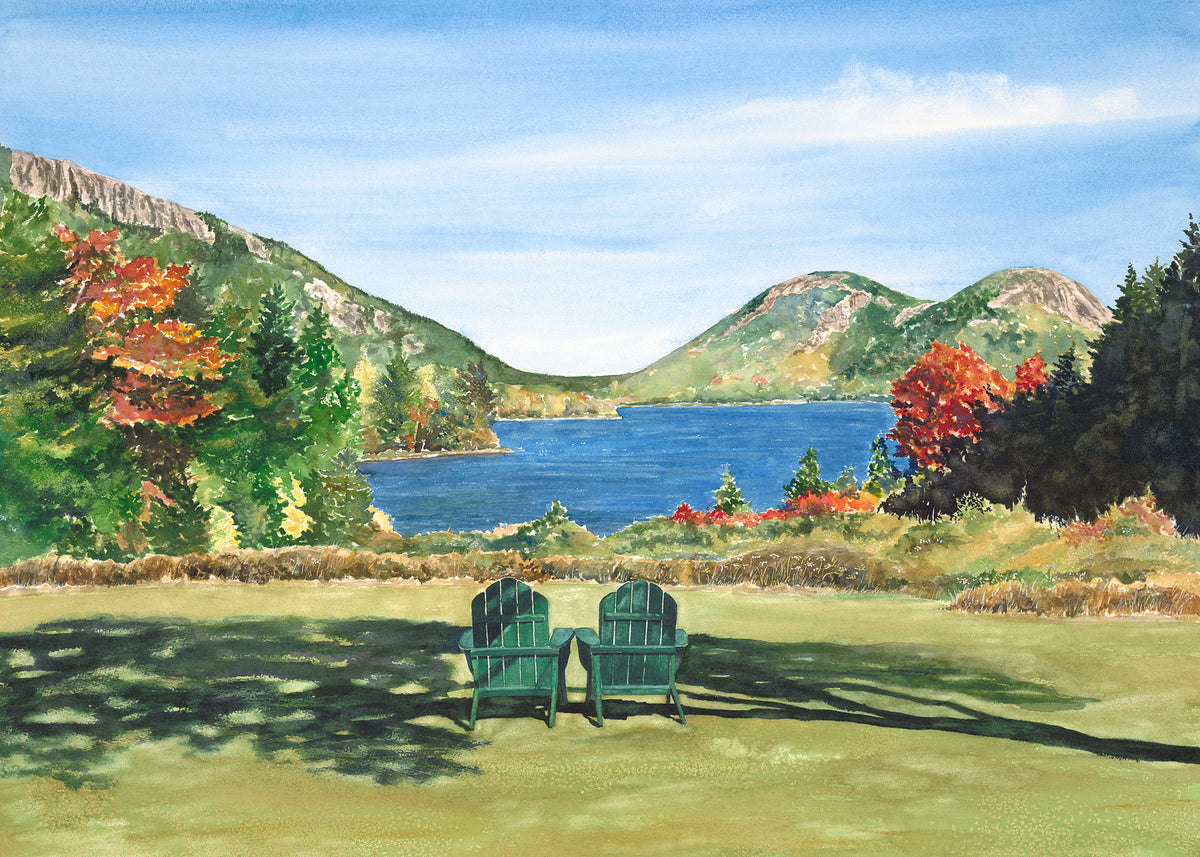 Original watercolor painting of two green Adirondack chairs looking over Jordan Pond and The Bubbles in fall foliage, Acadia National Park, Maine, by Beth Whitney.