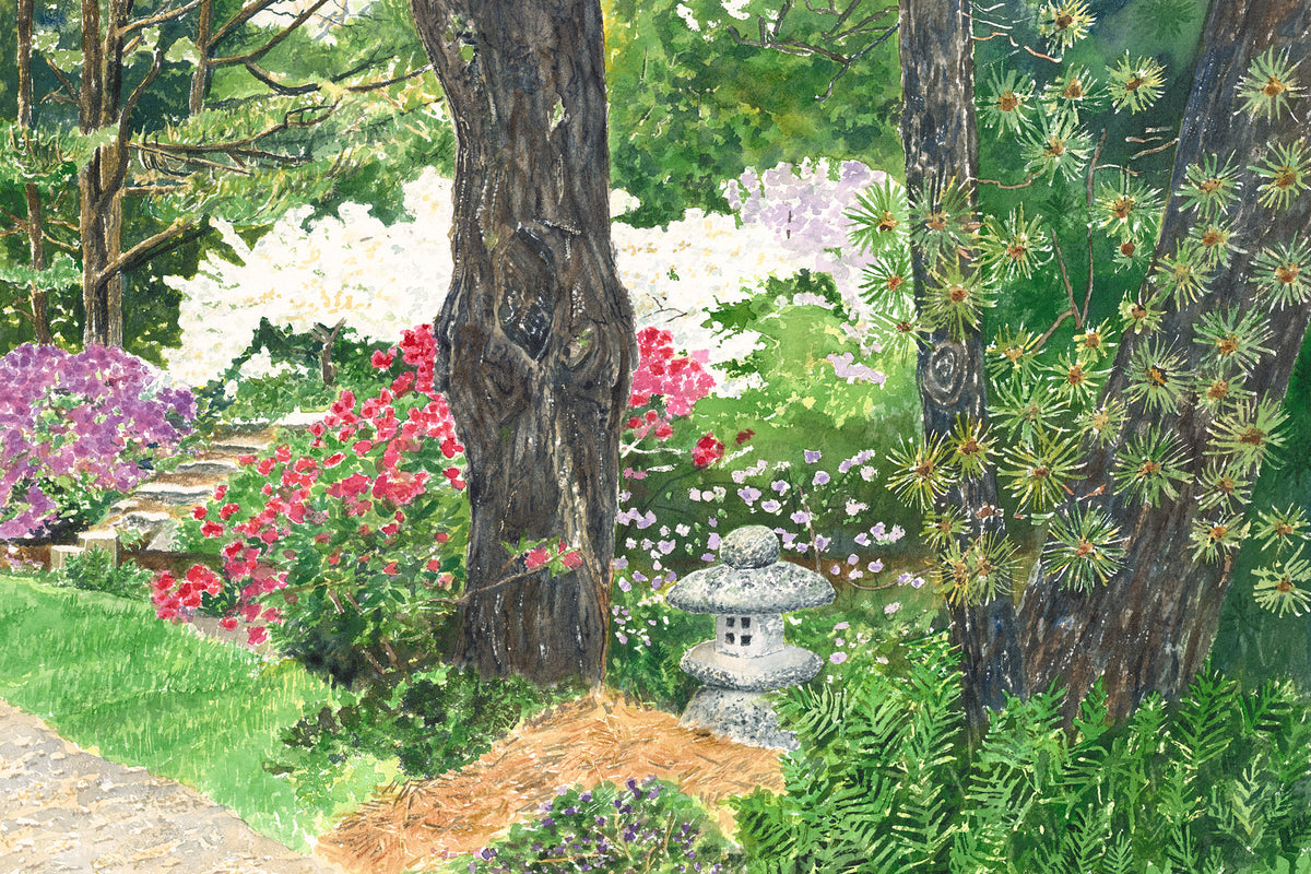 Original watercolor painting of a stone Japanese lantern among azaleas, ferns, and rhododendrons at Asticou Azalea Garden, Northeast Harbor, Maine, by Beth Whitney.