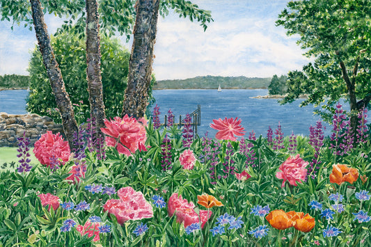 Original watercolor painting of a seaside garden in Friendship, Maine, with pink peonies, orange poppies, blue cornflowers, purple lupine, and ocean beyond, by Beth Whitney.