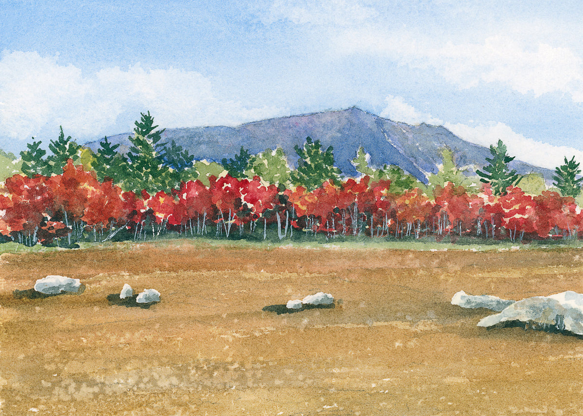 Original watercolor painting of Mount Katahdin from the Golden Road, Baxter State Park, Maine, with crimson fall maples and a golden field in the foreground, by Beth Whitney.