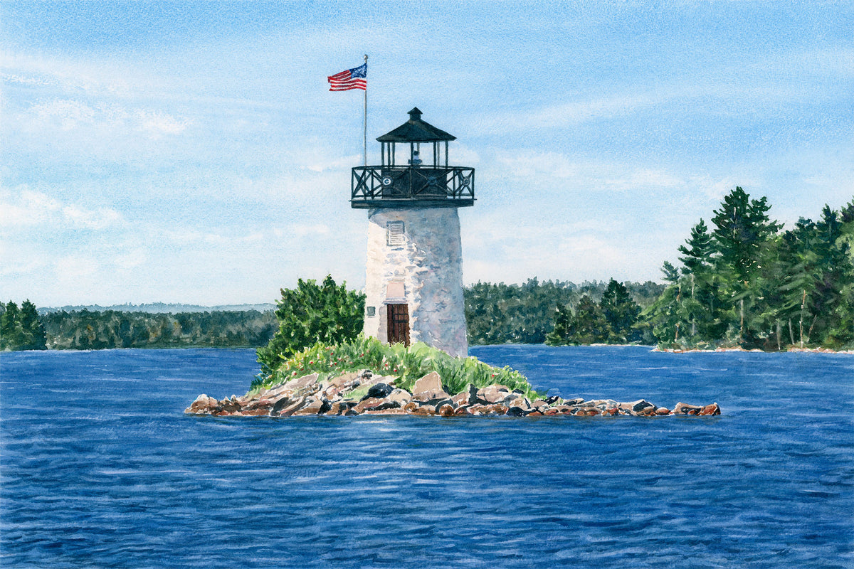 Original watercolor painting of Ladies Delight Light on Cobbosseecontee Lake, Winthrop, Maine, with summer colors and blue water, by Beth Whitney.