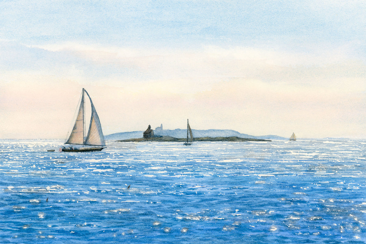 Original watercolor painting of a sailboat on sparkling water near Ocean Point, Boothbay, Maine, in soft pink and peach late afternoon light, by Beth Whitney.