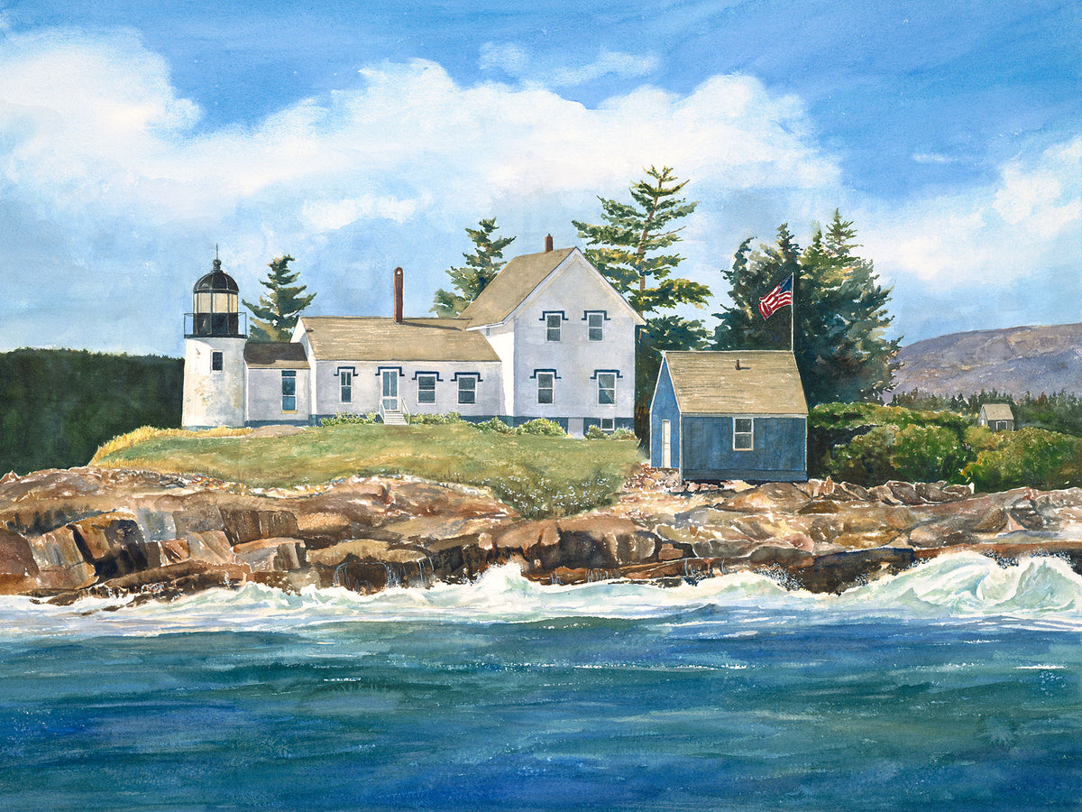Original watercolor painting of Mark Island Light, Winter Harbor, Maine, with crashing surf, deep blue-green sea, wildflowers, and mountains of Acadia beyond, by Beth Whitney.