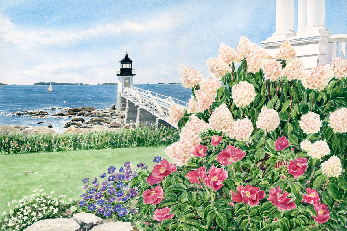 Original watercolor painting of Marshall Point Light, Port Clyde, Maine, framed by pink roses and hydrangeas in the keeper's garden, by Beth Whitney.