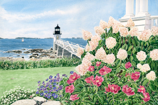 Original watercolor painting of Marshall Point Light, Port Clyde, Maine, framed by pink roses and hydrangeas in the keeper's garden, by Beth Whitney.