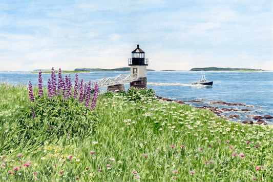 Original watercolor painting of Marshall Point Light, Port Clyde, Maine, with purple lupine and wildflowers in the foreground and a lobster boat beyond, by Beth Whitney.