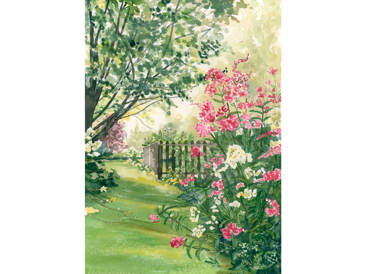 Original watercolor painting of morning sun streaming through mist in a country garden near Blue Hill, Maine, with pink and white summer phlox along a rustic fence, by Beth Whitney.