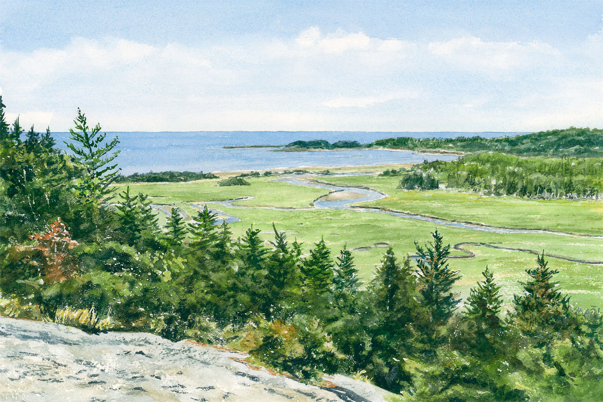 Original watercolor painting of the view from Morse Mountain, Phippsburg, Maine, with salt marshes, coastline, and summer sky, by Beth Whitney.