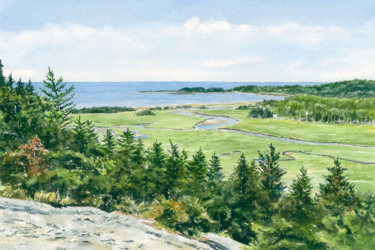 Original watercolor painting of the view from Morse Mountain, Phippsburg, Maine, with salt marshes, coastline, and summer sky, by Beth Whitney.
