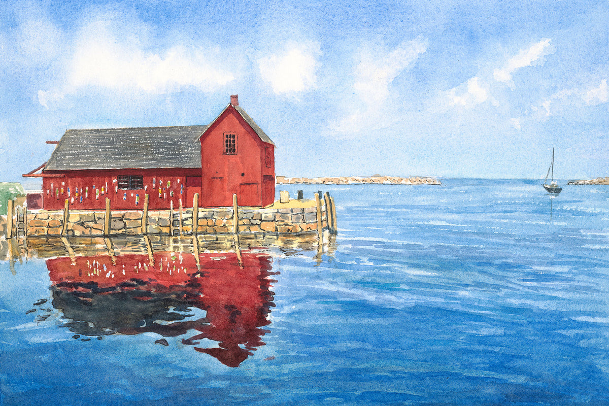 Original watercolor painting of Motif No. 1, Rockport, Massachusetts, reflected in glassy water with a sailboat heading to open sea, by Beth Whitney.