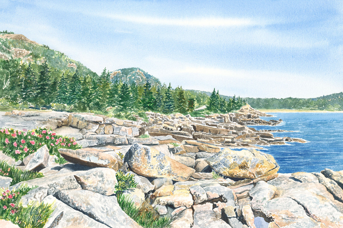 Original watercolor painting of Ocean Drive, Acadia National Park, Maine, with pink granite rocks, cool blue water, and Sand Beach in the distance, by Beth Whitney.
