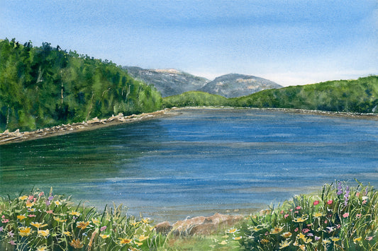 Original watercolor painting of Otter Creek Cove, Acadia National Park, Maine, with rich blues, greens, and purples along the tidal shore and Dorr Mountain beyond, by Beth Whitney.
