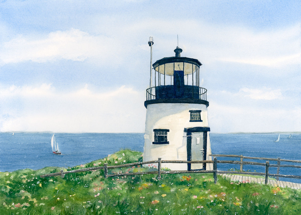Original watercolor painting of Owls Head Light, Rockland Harbor, Penobscot Bay, Maine, with summer wildflowers and sailboats on the open sea, by Beth Whitney.