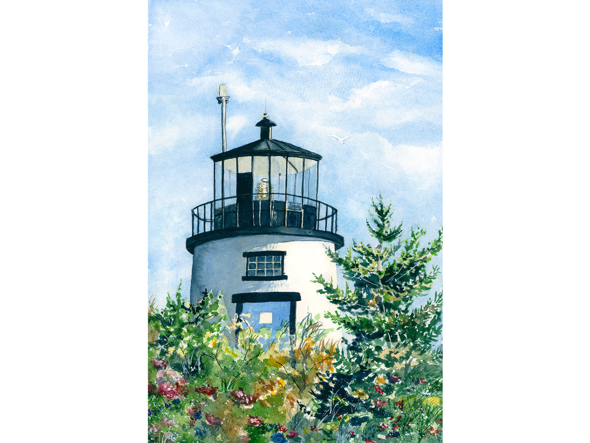 Original watercolor painting of Owls Head Lighthouse, Rockland Harbor, Maine, looking up from the base of the stairs with summer flowers and sky reflected in the door, by Beth Whitney.