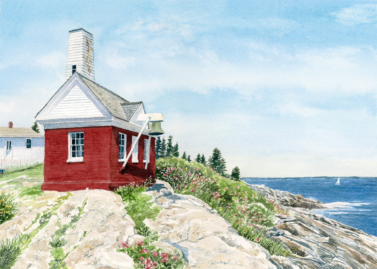 Original watercolor painting of the Pemaquid Fog House and bell tower at Pemaquid Point, Bristol, Maine by Beth Whitney.