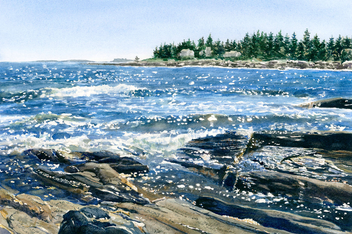 Original watercolor painting of sparkling afternoon light on the water at Pemaquid Point, Bristol, Maine, with surf swirling around the rocks below Pemaquid Lighthouse, by Beth Whitney.