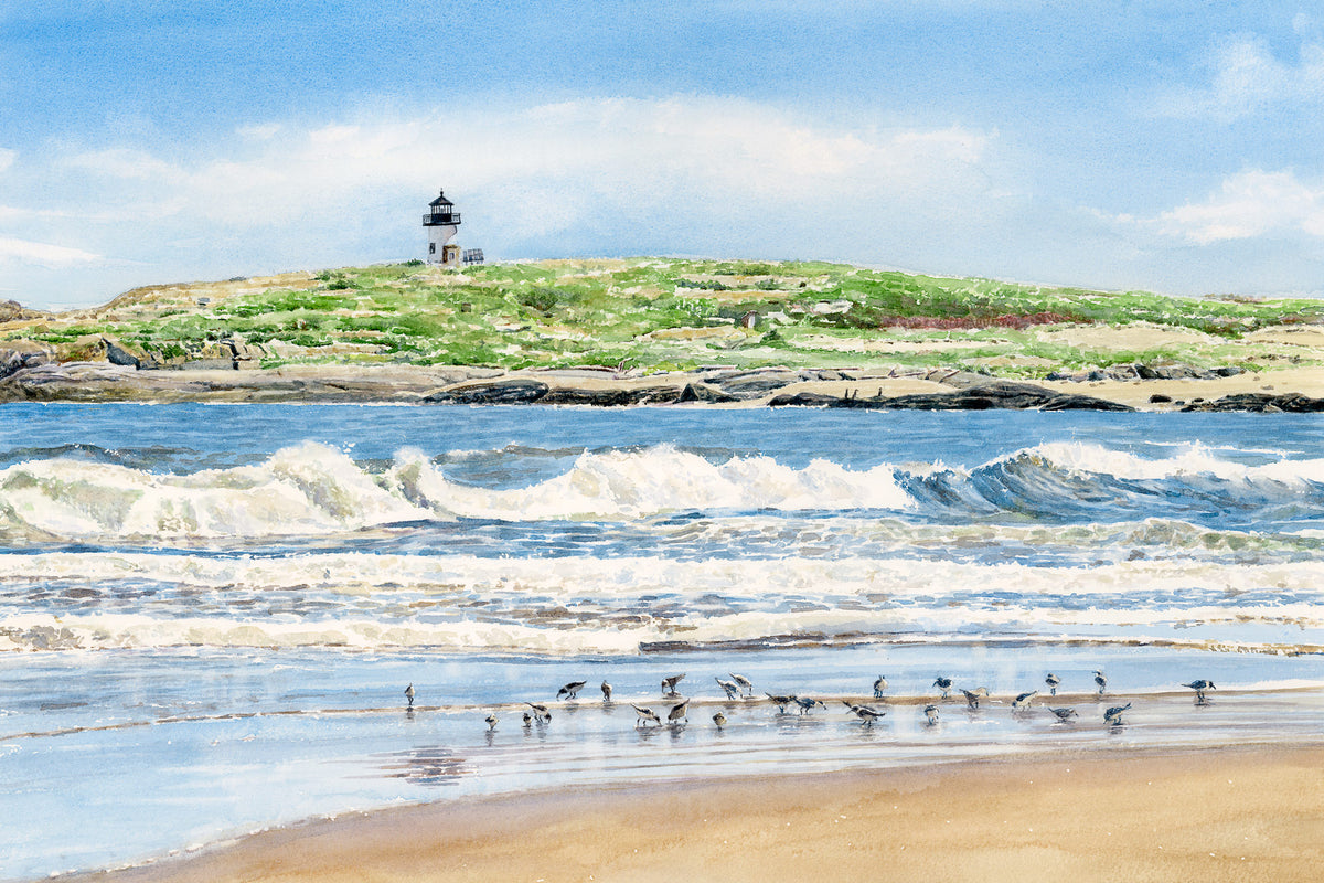 Original watercolor painting of Pond Island Light from Popham Beach, Phippsburg, Maine, with shorebirds on the tide line and low tide flats stretching toward the lighthouse, by Beth Whitney.