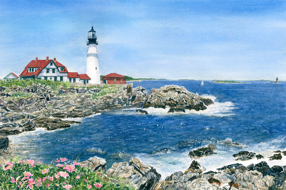Original watercolor painting of Portland Head Light, Cape Elizabeth, Maine, with beach roses, crashing surf, and Ram Island Ledge Light across Casco Bay, by Beth Whitney.