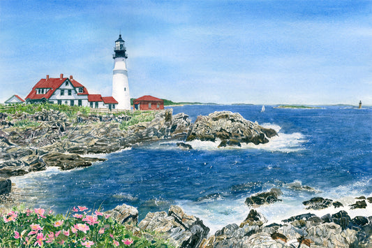 Original watercolor painting of Portland Head Light, Cape Elizabeth, Maine, with beach roses, crashing surf, and Ram Island Ledge Light across Casco Bay, by Beth Whitney.