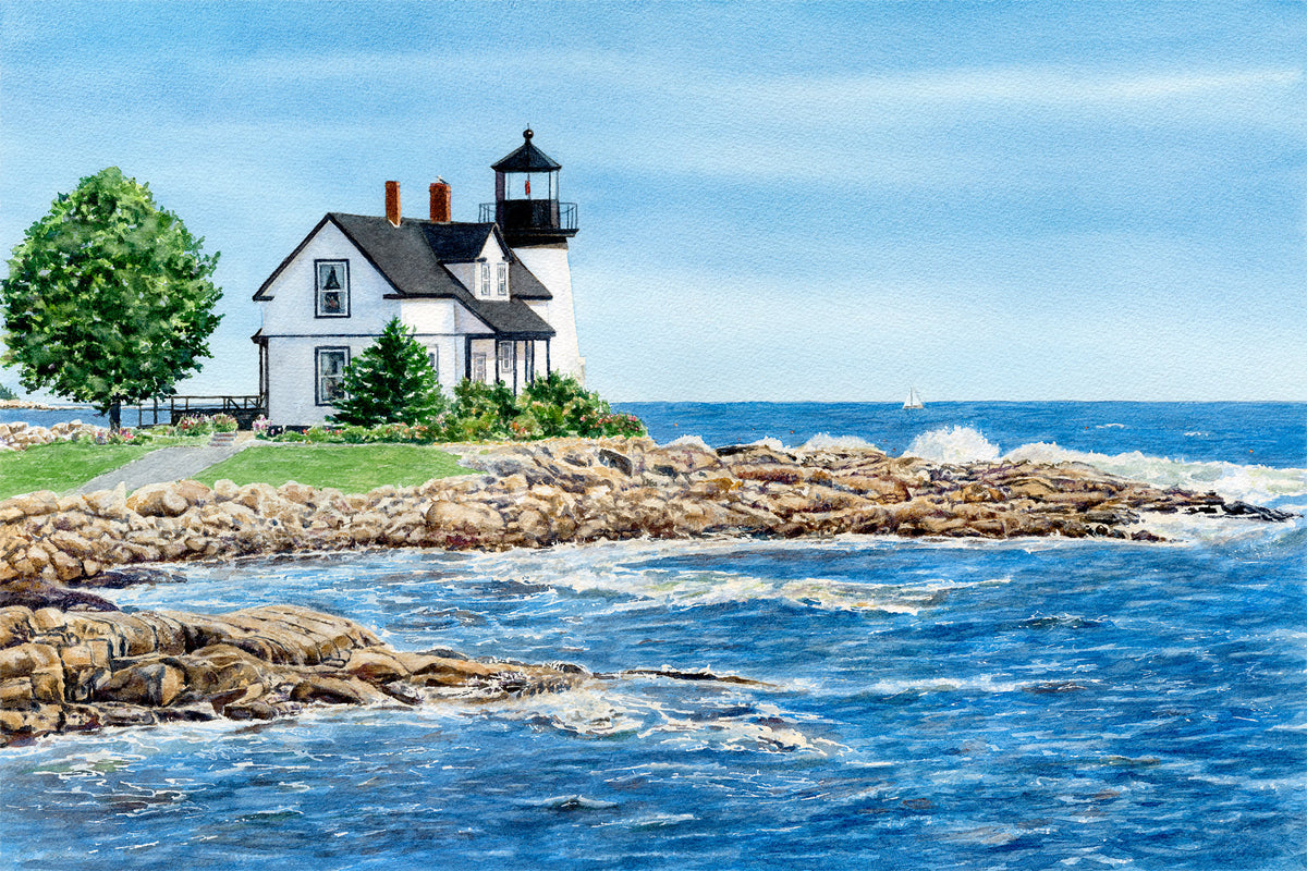 Original watercolor painting of Prospect Harbor Light, Gouldsboro, Maine, with waves on the rocky shore and Gull Cottage beside the lighthouse on the Bold Coast, by Beth Whitney.