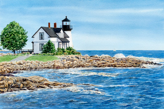 Original watercolor painting of Prospect Harbor Light, Gouldsboro, Maine, with waves on the rocky shore and Gull Cottage beside the lighthouse on the Bold Coast, by Beth Whitney.