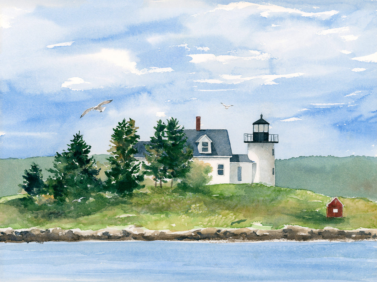 Original watercolor painting of Pumpkin Island Light, Little Deer Isle, Maine, with gulls riding the wind on a summer day along Eggemoggin Reach, by Beth Whitney.