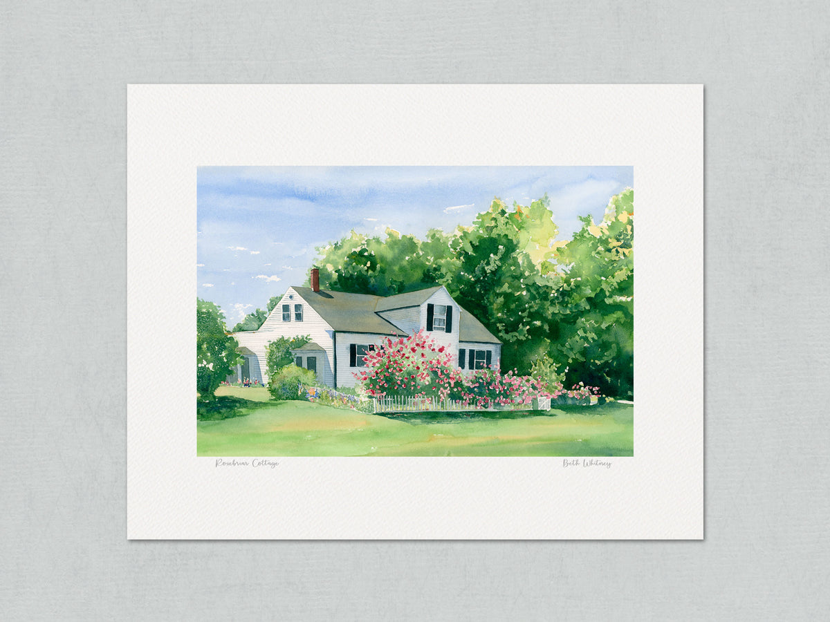 Unmatted archival watercolor print of Rosebriar Cottage, a white cottage and pink rose garden in Blue Hill, Maine, shown on a gray background.
