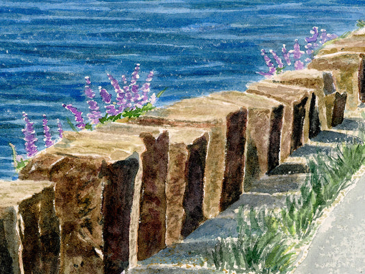 Close-up detail of original watercolor painting of Sailing on the Sound, showing a sailboat on Somes Sound and granite coping stones along Sargeant Drive.