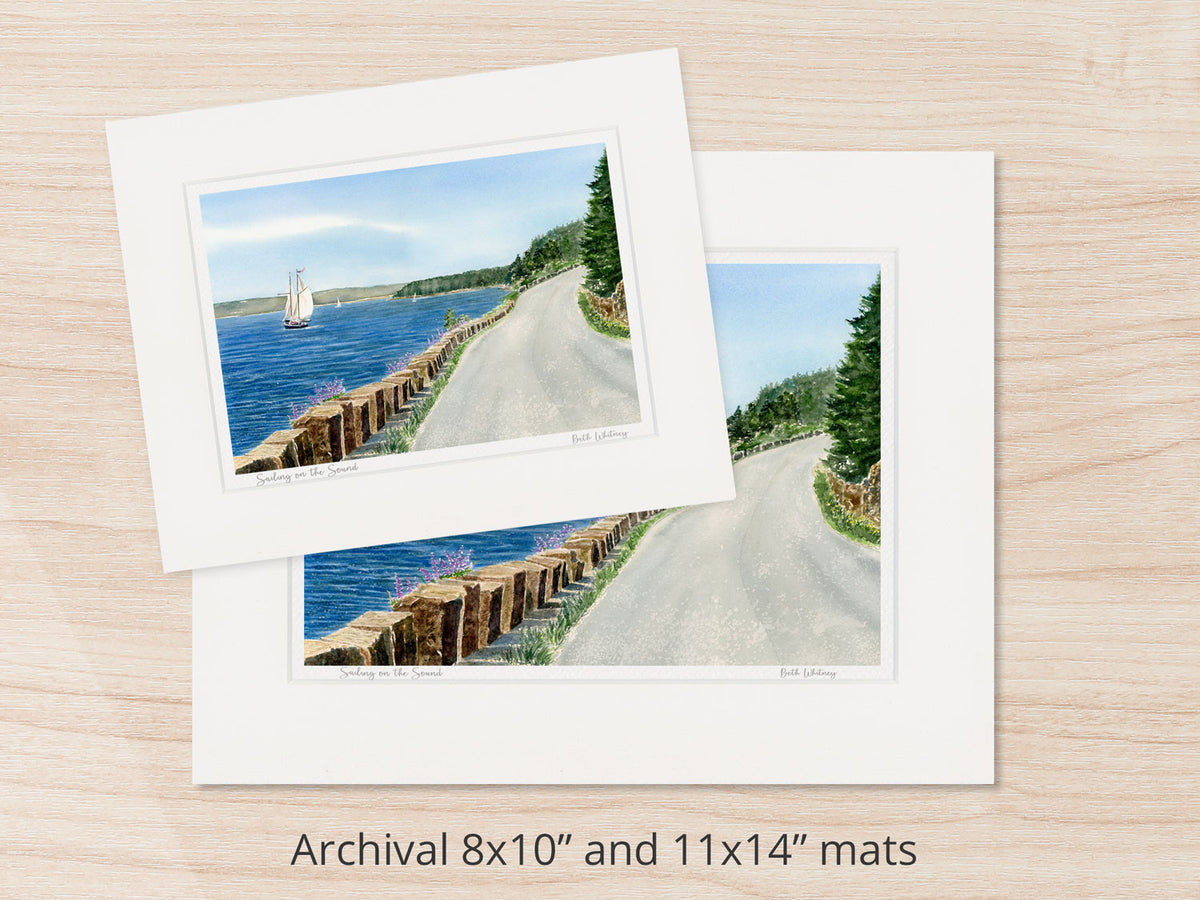 Archival watercolor prints of Sailing on the Sound, Somes Sound, Mount Desert Island, Maine, shown in 8x10 and 11x14 mat sizes.