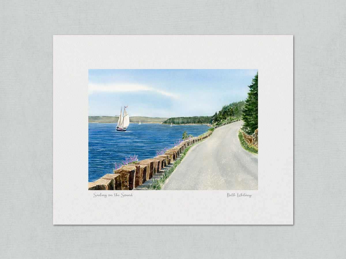 Unmatted archival watercolor print of Sailing on the Sound, Somes Sound, Mount Desert Island, Maine, on gray background. Includes artist's signature and painting title handwritten.