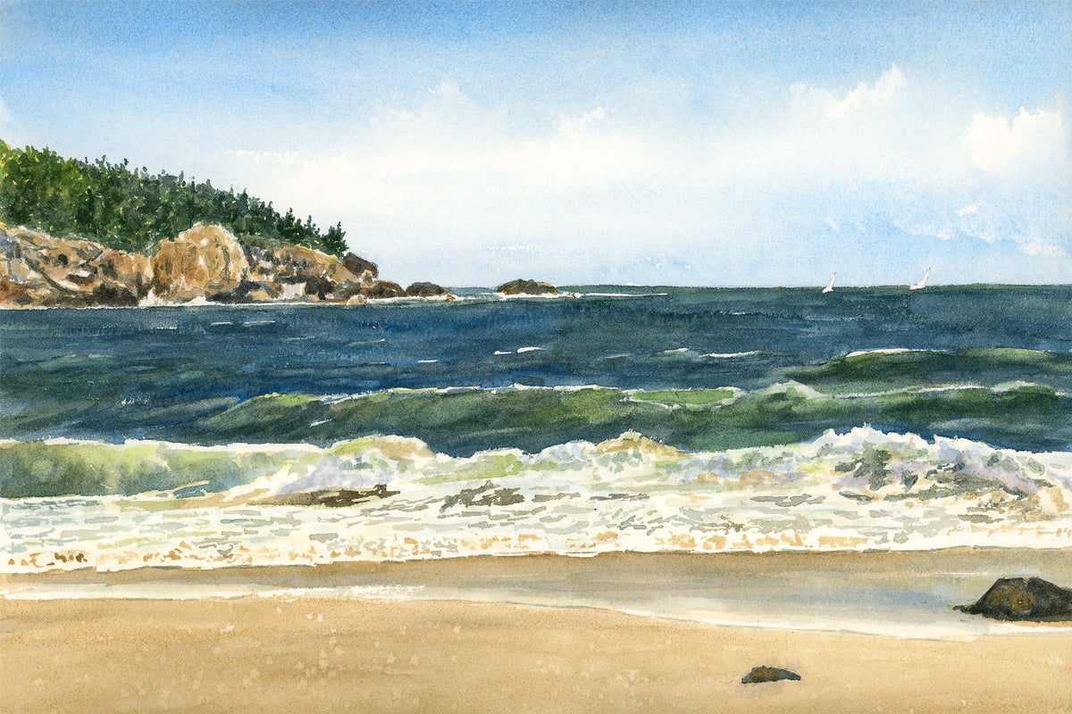 Original watercolor painting of waves crashing on Sand Beach, Acadia National Park, Maine, with blue and green surf stirring the golden sand and Great Head beyond, by Beth Whitney.