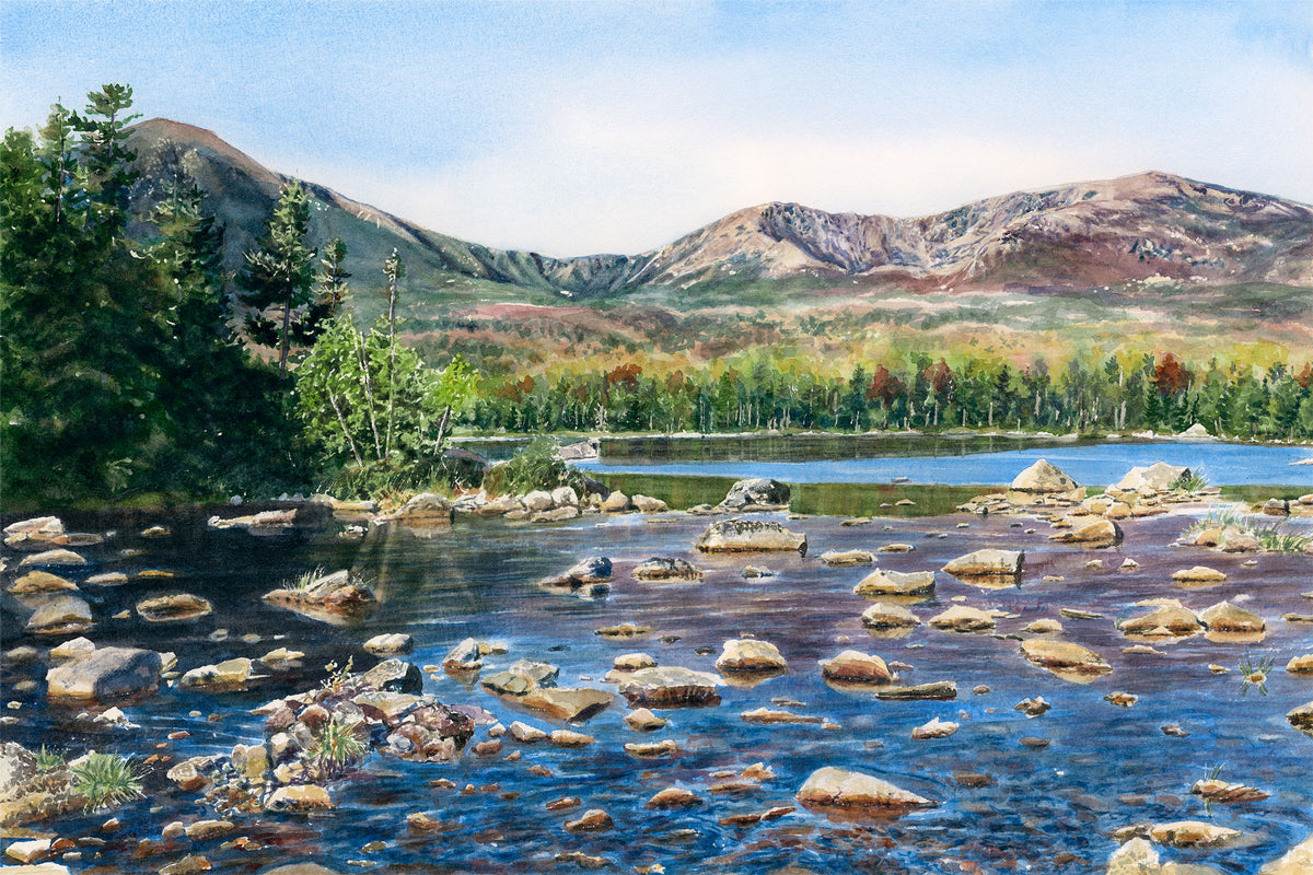 Original watercolor painting of Mt Katahdin reflected in Sandy Stream Pond, Baxter State Park, Maine, with early fall color and crisp blue water, by Beth Whitney.
