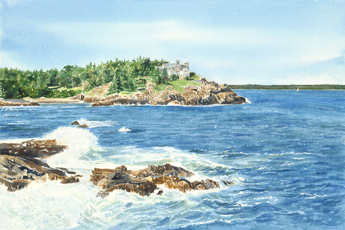 Original watercolor painting of Schooner Head, Acadia National Park, Maine, with waves crashing against the rocky shore and deep blue sea beyond, by Beth Whitney.