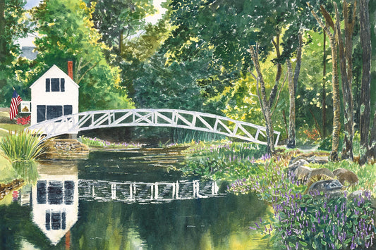 Original watercolor painting of Somesville Bridge, Mount Desert Island, Maine, with purple pickerel weed in bloom and sun-dappled tree reflections in the mill pond, by local artist Beth Whitney.