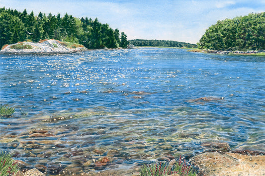 Original watercolor painting of Spirit Pond, Phippsburg, Maine, with transparent water, luminous sparkles, and shorebirds at a secluded coastal preserve near Popham Beach, by local artist Beth Whitney.