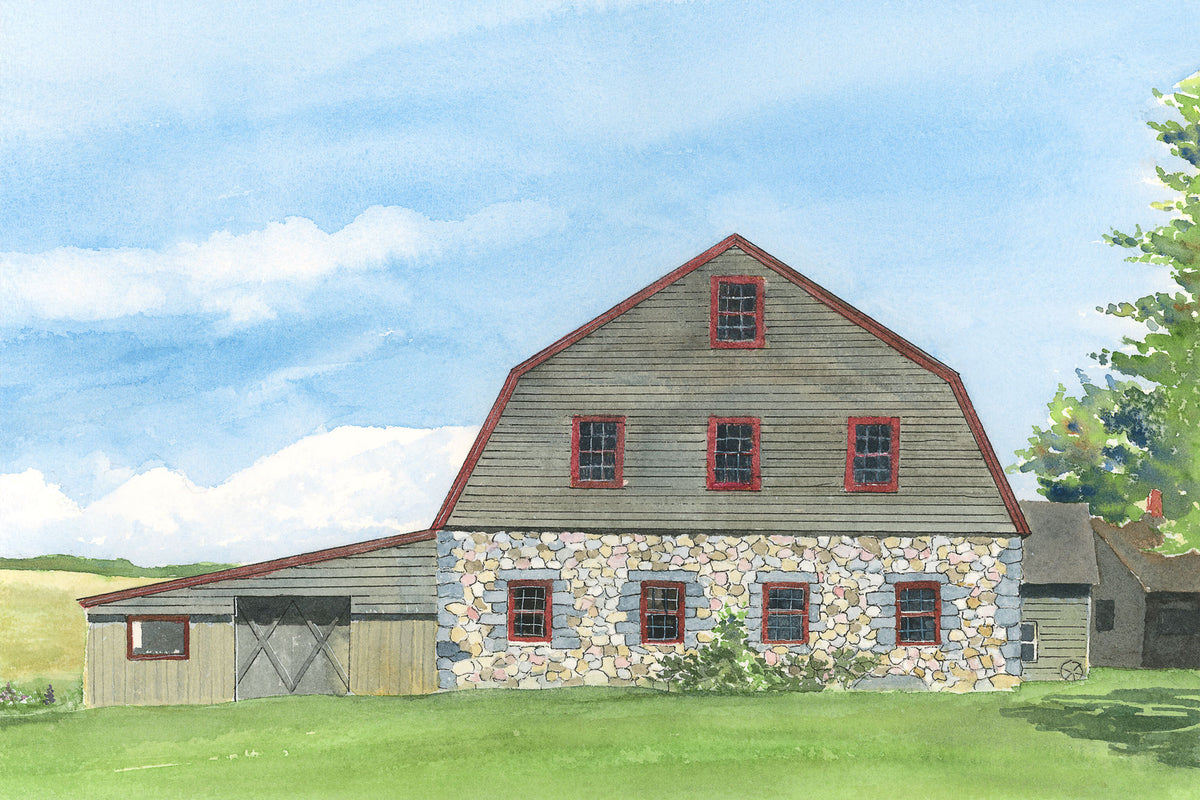 Original watercolor painting of the historic Stone Barn Farm on Crooked Road, Salsbury Cove, near Bar Harbor, Maine, with cobblestone and wood barn in summer green, by Beth Whitney.