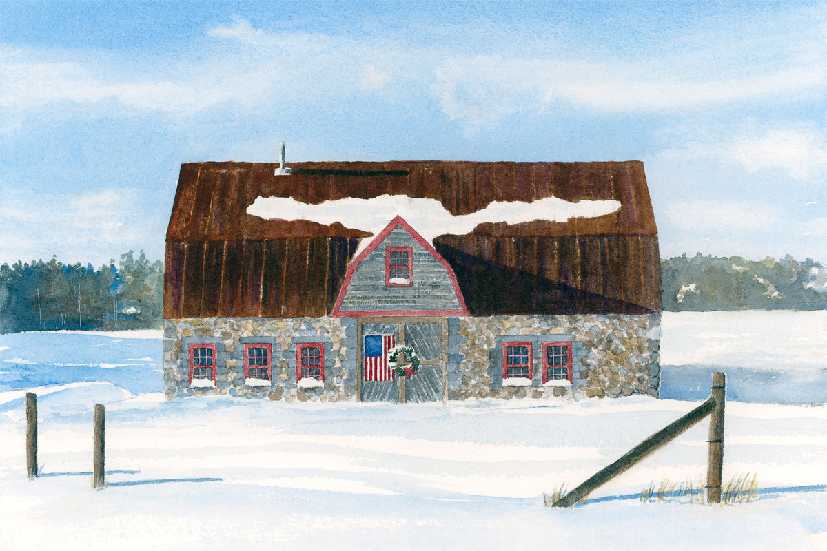 Original watercolor painting of the historic Stone Barn Farm in Salsbury Cove, near Bar Harbor, Maine, with vivid blue winter sky and snow-covered pasture, by Beth Whitney.