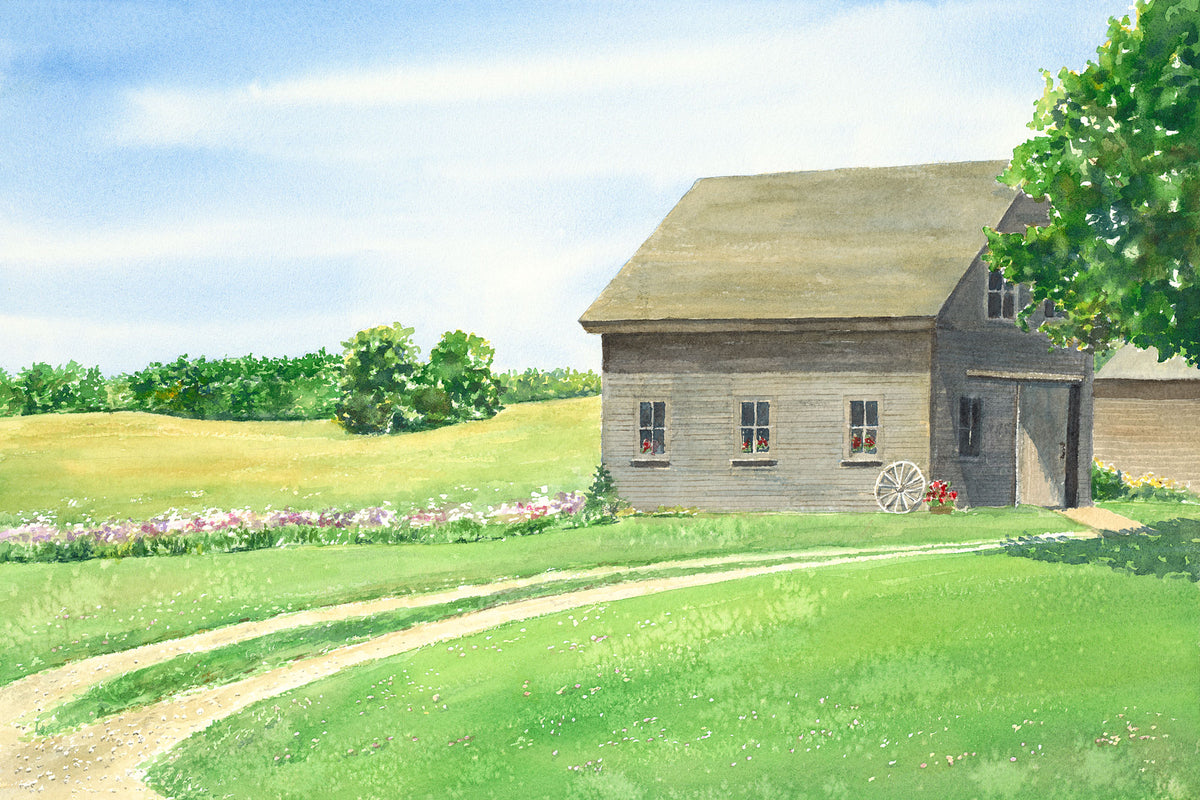 Original watercolor painting of the carriage house at Stone Barn Farm, Salsbury Cove, near Bar Harbor, Maine, with summer phlox, sweeping pastures, and geraniums in the windows, by local artist Beth Whitney.