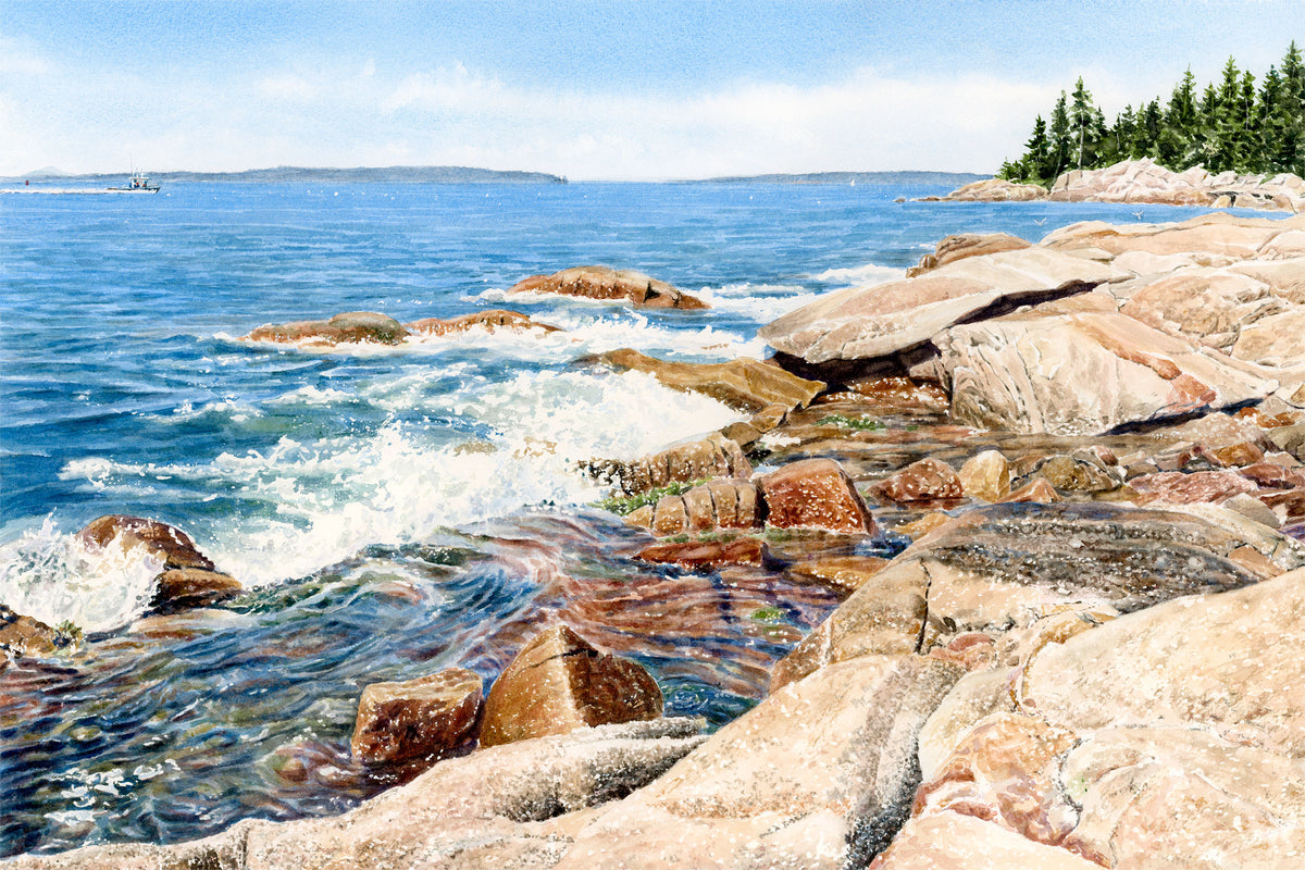 Original watercolor painting of waves crashing on the rocky shore of East Penobscot Bay at the Barred Island Preserve on Deer Isle, Maine by Beth Whitney.
