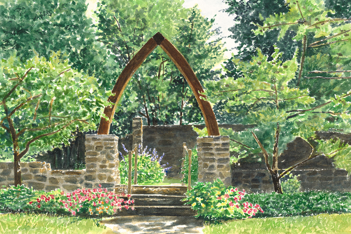 Original watercolor painting of the Vesper Hill Children's Chapel Garden, Rockport, Maine, with wooden arch, stonework, and sunlit perennial gardens, by Beth Whitney.