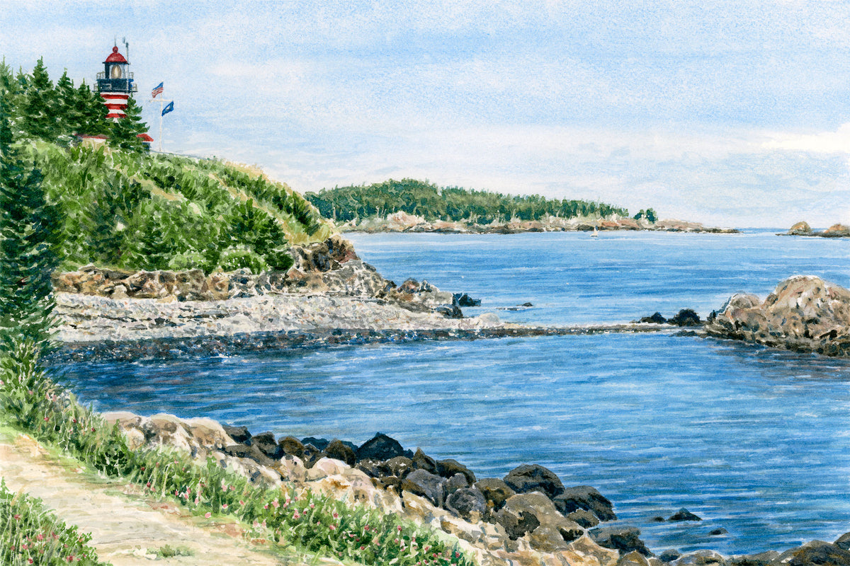 Original watercolor painting of West Quoddy Head Light, Lubec, Maine, with the candy-striped tower seen from a sheltered cove on the Coastal Trail, by Beth Whitney.