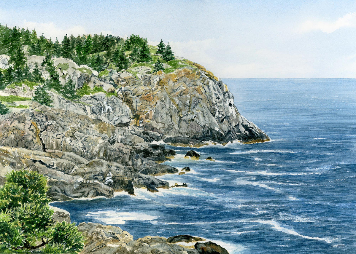 Original watercolor painting of Whitehead cliff, Monhegan Island, Maine, with waves crashing against the rocky face and the open Atlantic beyond, by Beth Whitney.