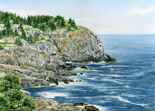 Original watercolor painting of Whitehead cliff, Monhegan Island, Maine, with waves crashing against the rocky face and the open Atlantic beyond, by Beth Whitney.