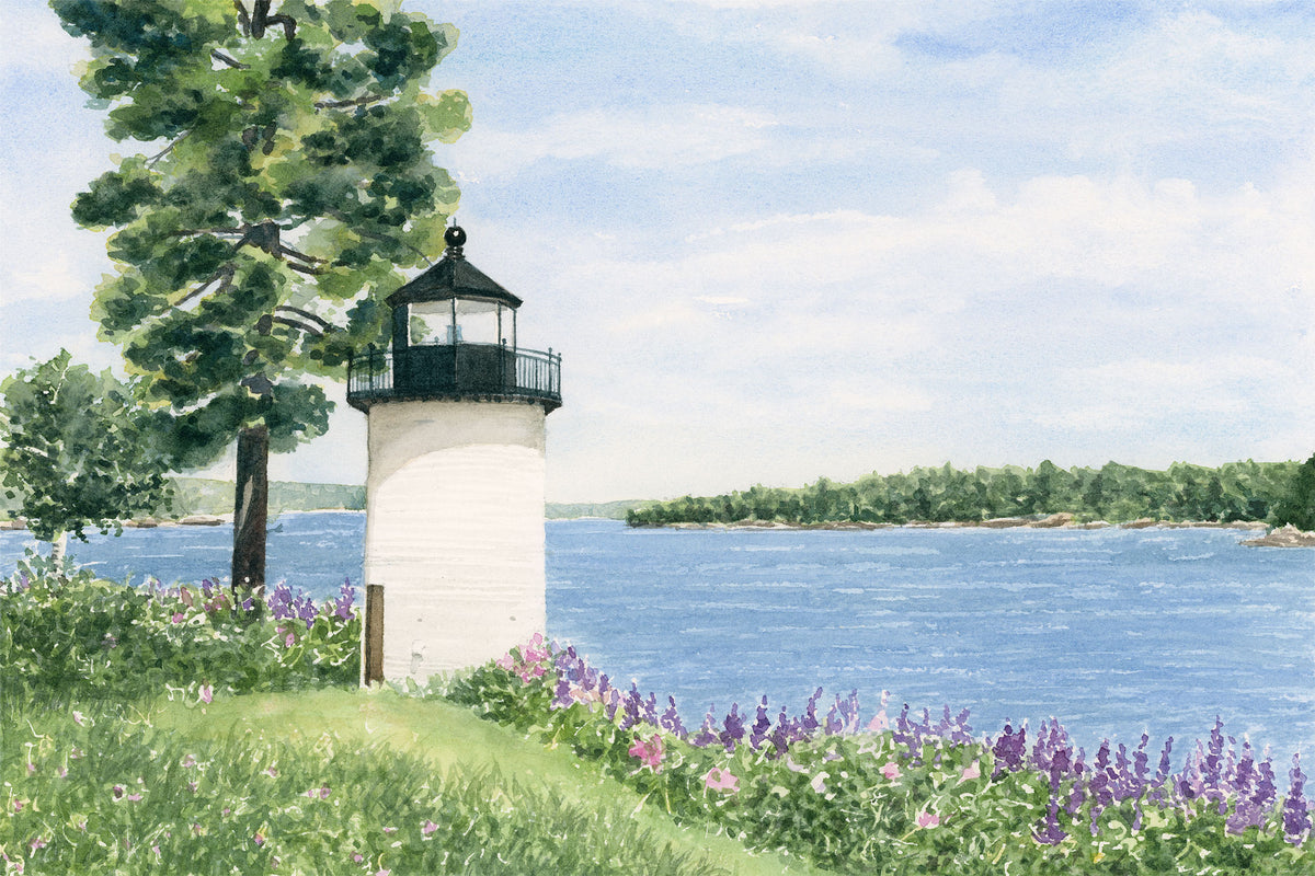 Original watercolor painting of Whitlocks Mill Light, Calais, Maine, with purple lupine and early roses on the banks of the St. Croix River in June, by Beth Whitney.