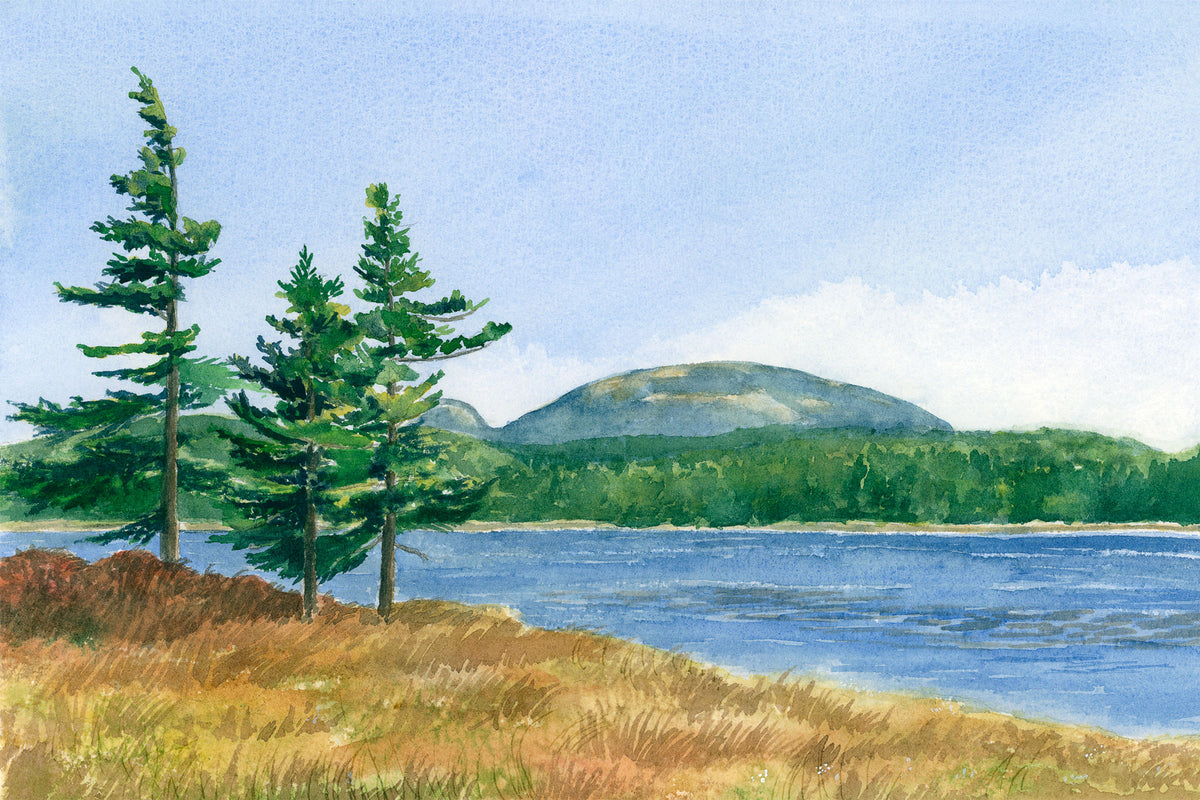 Original watercolor painting of Witch Hole Pond in fall color, Acadia National Park, Maine, with Champlain Mountain in the distance and the carriage road along the shore, by Beth Whitney.