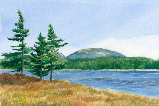 Original watercolor painting of Witch Hole Pond in fall color, Acadia National Park, Maine, with Champlain Mountain in the distance and the carriage road along the shore, by Beth Whitney.