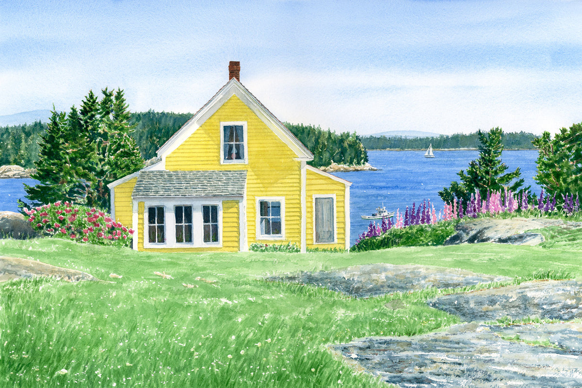 Original watercolor painting of the Yellow House, Stonington, Maine, perched on a cliff above the working harbor with lupine, roses, and granite bedrock in the lawn, by Beth Whitney.