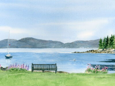 Watercolor painting of a bench overlooking a peaceful ocean with island and Acadia mountains