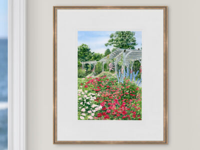 Watercolor rose garden with wood arbor and blue sky.