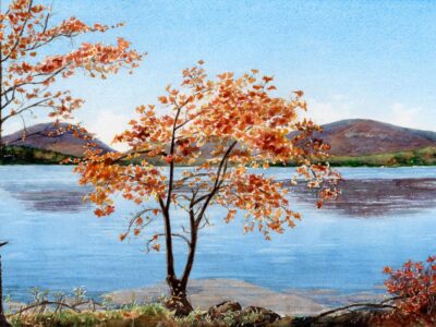 Watercolor painting print of orange trees and purple mountains reflecting in a blue lake.